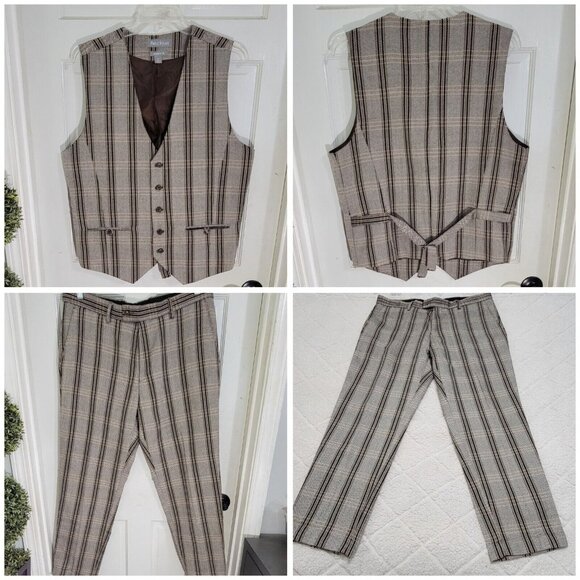 Paulo Solari Mens Gray Plaid Vest Suit Pants Set Modern Fit Size XL 36/30‎ - Picture 6 of 12